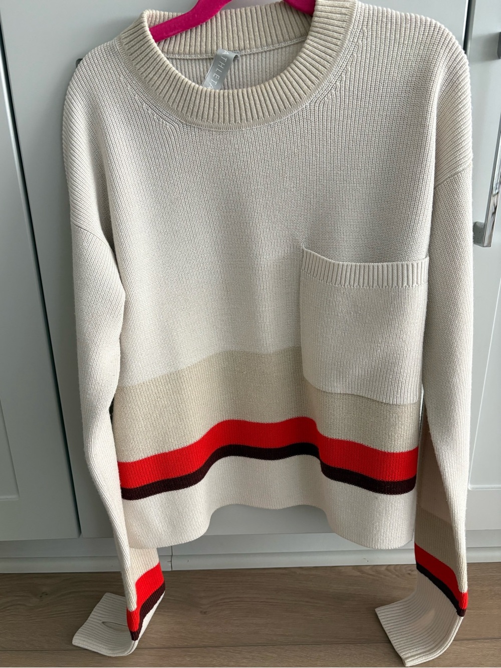 Athleta Cream Crewneck Sweater with Red and Black Stripes